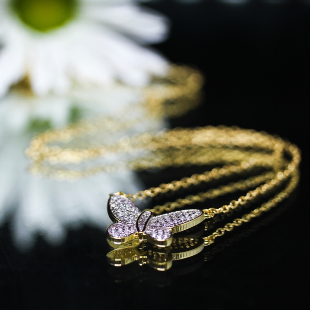 18KT Gold Dipped White CZ Pave Butterfly Necklace - Picture 2 of 8